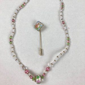 pink/white feminine beaded necklace with cloisonne hand painted floral stickpin
